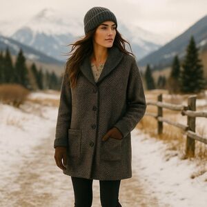 J. Jill Long Knit Coatigan Jacket M Brown Gray Button Oversized Shawl Collar